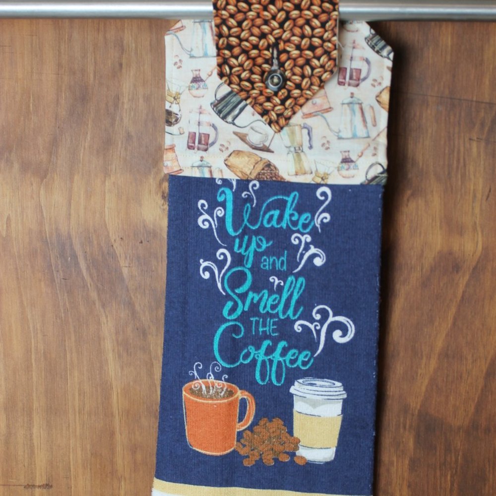 "WAKE UP & SMELL THE COFFEE" HAND TOWEL BLUE & BROWN COFFEE HANDMADE HANGING